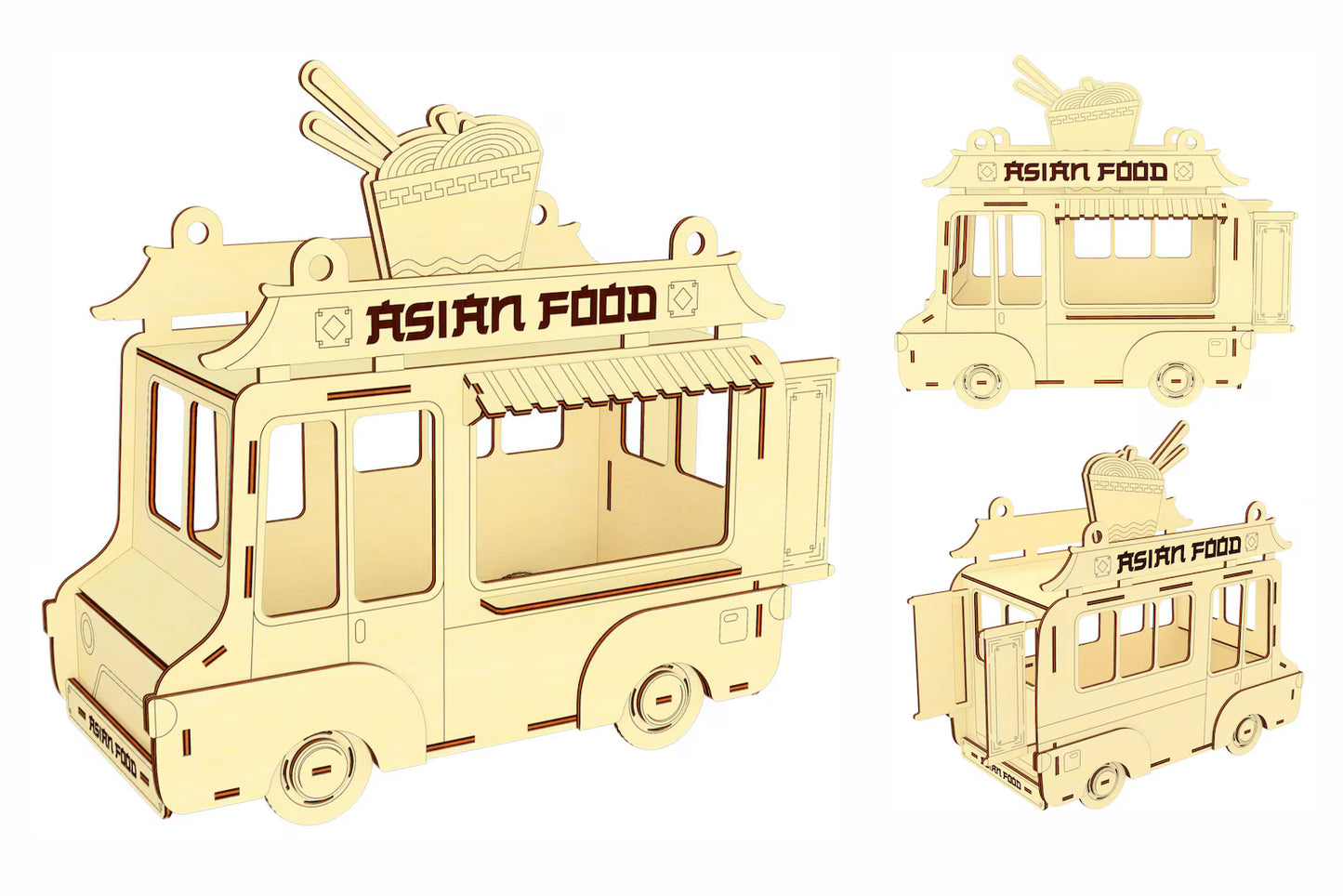 Wooden model of an Asian food truck on a white background
