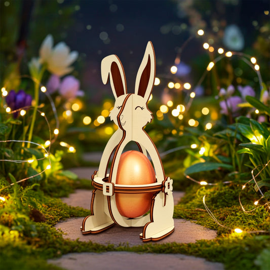 Laser cut plywood wooden Easter bunny egg holder standing on bright green moss, surrounded by small white spring flowers and colorful pastel-speckled eggs in natural outdoor lighting