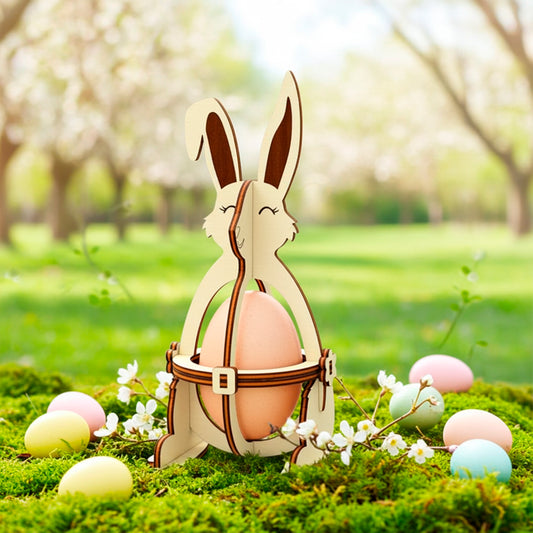 Laser cut plywood wooden Easter bunny egg holder on a mossy path, surrounded by small purple and white flowers and sparkling fairy lights, creating a magical dark evening garden atmosphere