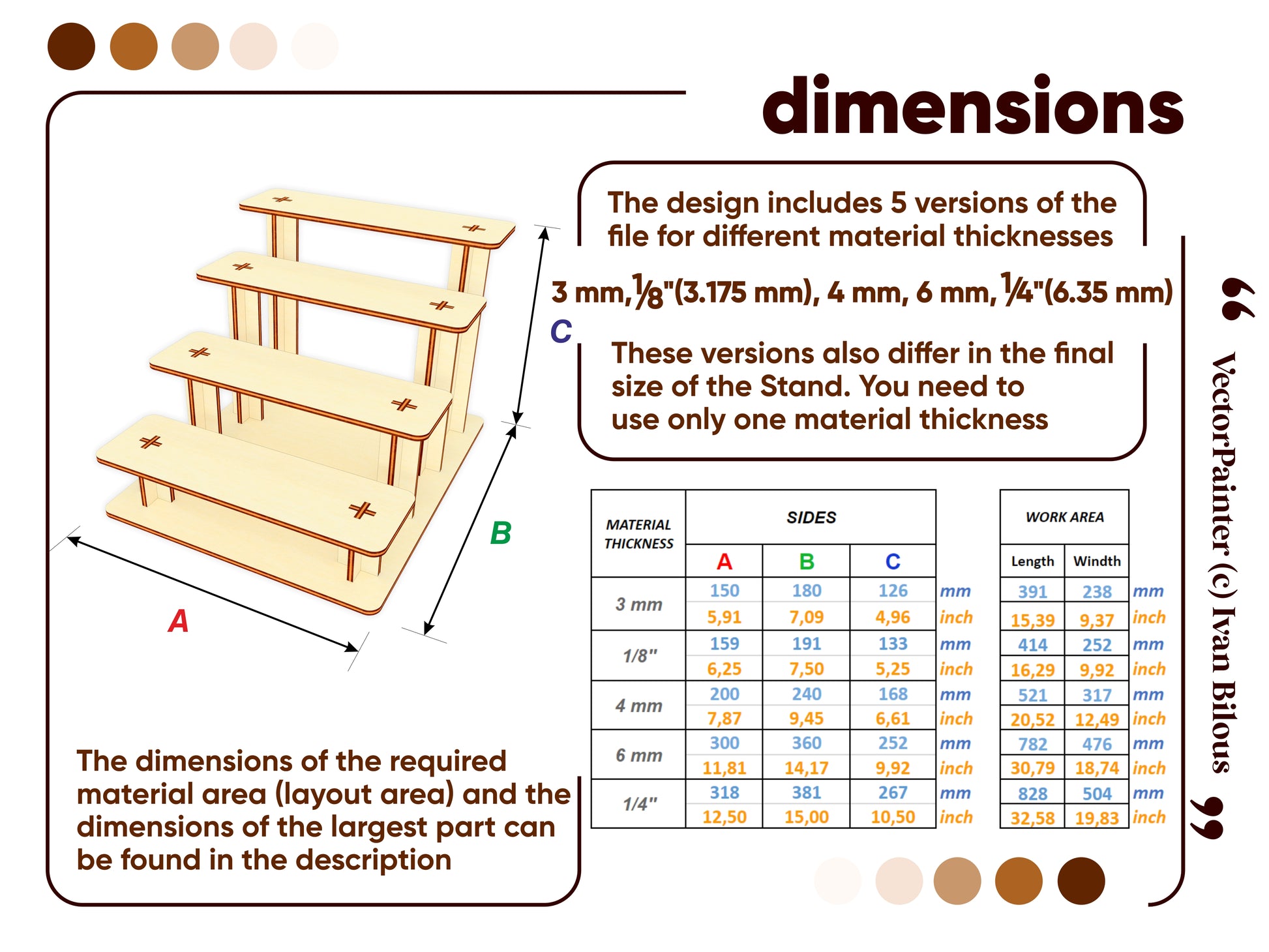 Laser cut miniature stand with multiple tiers for showcasing - Dimensions