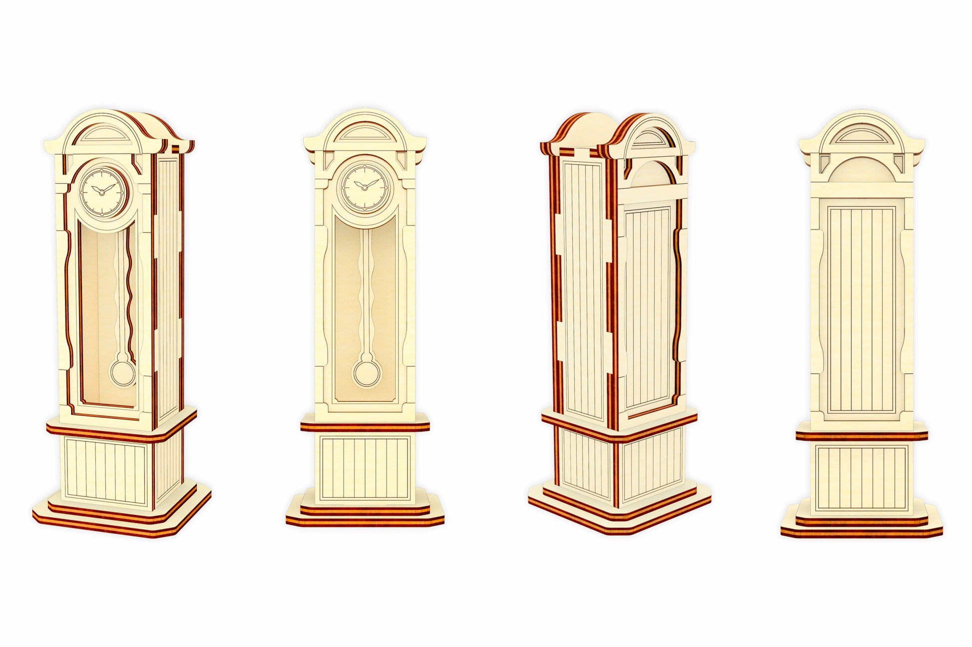 Laser cut Pendulum Clock cabinet design made from plywood with intricate details and a moving pendulum, available as a ready-made project with laser files in SVG, DXF, and CDR formats for easy customization and assembly.