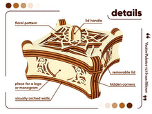 Load image into Gallery viewer, Details of the Laser cut Magic Box showing the arched walls and the flower pattern on the lid
