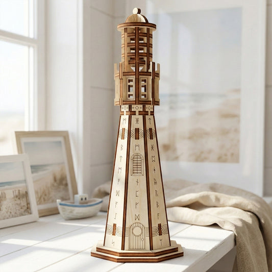 Front view of a 3D lighthouse puzzle made from laser cut plywood. The design features a layered tower with a door, arched windows, and Viking-style engravings. A small wooden toy boat and framed art sit nearby in a bright, airy room.