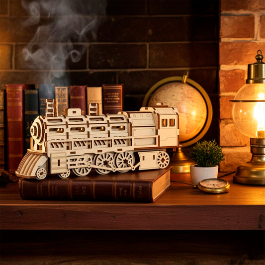 A detailed, light wooden plywood laser cut model of a classic locomotive, resting on a stack of antique books next to a glowing desk lamp and a globe, with wisps of smoke rising from its chimney in a dimly lit, rustic setting.