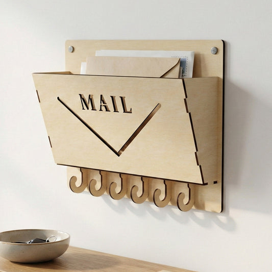 Wall-mounted laser cut plywood mail organizer with "MAIL" engraved on the front. Features six integrated J-shaped key hooks at the bottom. Shown holding several envelopes against a minimalist white wall above a wooden entryway table.
