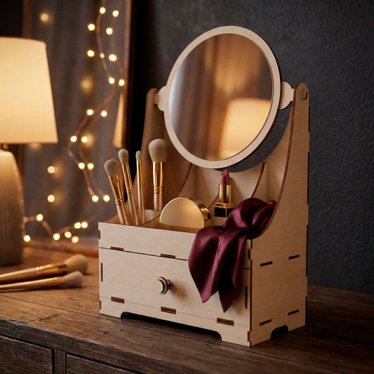 Elegant laser cut plywood vanity stand with a drawer and integrated mirror, styled with gold makeup brushes and silk fabric. Professional product photography against a dark textured wall with warm fairy lights, highlighting the clean wood joinery.