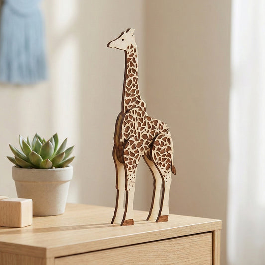 Upright giraffe figurine made of laser cut plywood with a detailed engraved spot pattern. It stands on a light wood dresser next to a small potted succulent and wooden blocks, showcasing its natural finish and dark burnt edges.