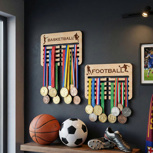 Pair of laser cut medal holders displaying various sports awards in an athletic interior background.