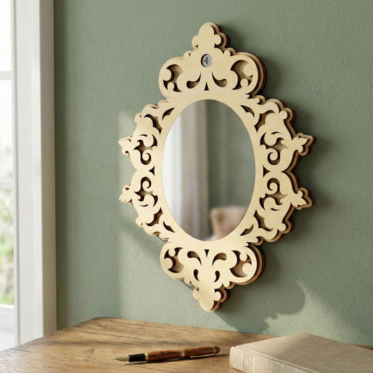 Ornate Mirror ornaments framed with layered laser cut wood, set against a classic office background.