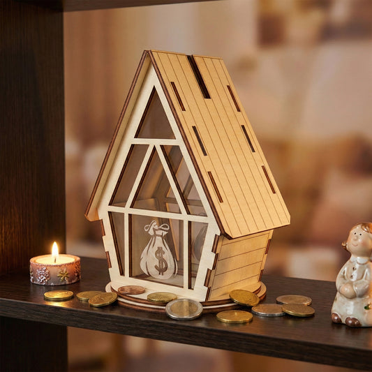 House-shaped money box made of laser cut plywood with a high-pitched roof and coin slot. The front features a clear acrylic window with an engraved money bag icon. It is displayed on a dark shelf next to a small candle and scattered coins for scale.