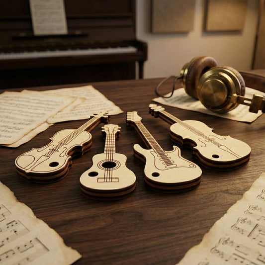 Four laser cut plywood keychains shaped like musical instruments: two violins, an acoustic guitar, and an electric guitar. They feature detailed engraved strings and body outlines, resting on a wooden table with sheet music and vintage headphones.
