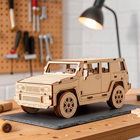 Laser cut wooden plywood 3D model sitting on a slate mat in a workshop setting. Detailed plywood puzzle assembly featuring a textured front grille, round headlights, and realistic tires. Background shows a pegboard with tools and a warm desk lamp.