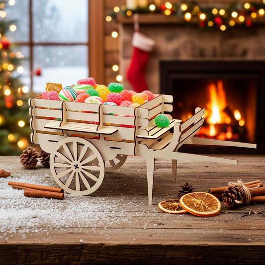 Detailed laser cut wooden plywood miniature cart filled with vibrant sugar-coated candies, displayed on a rustic table with a cozy fireplace and Christmas decorations in the warm background.