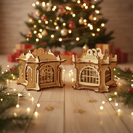 Elegant laser cut Ornaments #3 shaped as illuminated miniature lanterns with elaborate lattice patterns and decorative tops, set against a festive blurred Christmas tree lights background.