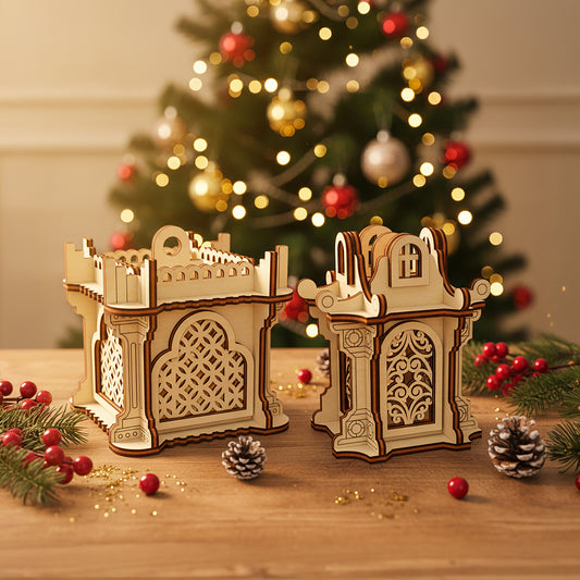Elegant laser cut Ornaments #5 in the shape of illuminated miniature lanterns with detailed filigree patterns and arched designs, set against a festive blurred Christmas tree lights background.