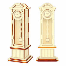 Load image into Gallery viewer, This is a laser cut design of a Pendulum Clock miniature with intricate details. The clock cabinet is made from plywood and features a moving pendulum.
