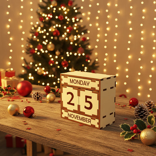 Elegant laser cut Perpetual calendar in cube form featuring changeable wooden tiles for endless dates, set against a festive blurred Christmas tree lights background.