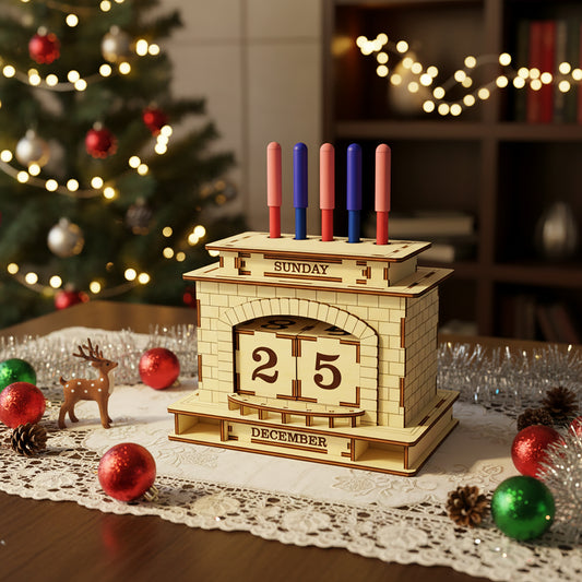 Intricate laser cut Perpetual calendar & Pen holder Fireplace featuring changeable wooden cubes for endless dates and a functional pen holder styled as fireplace candles, set against a festive blurred Christmas tree lights background.