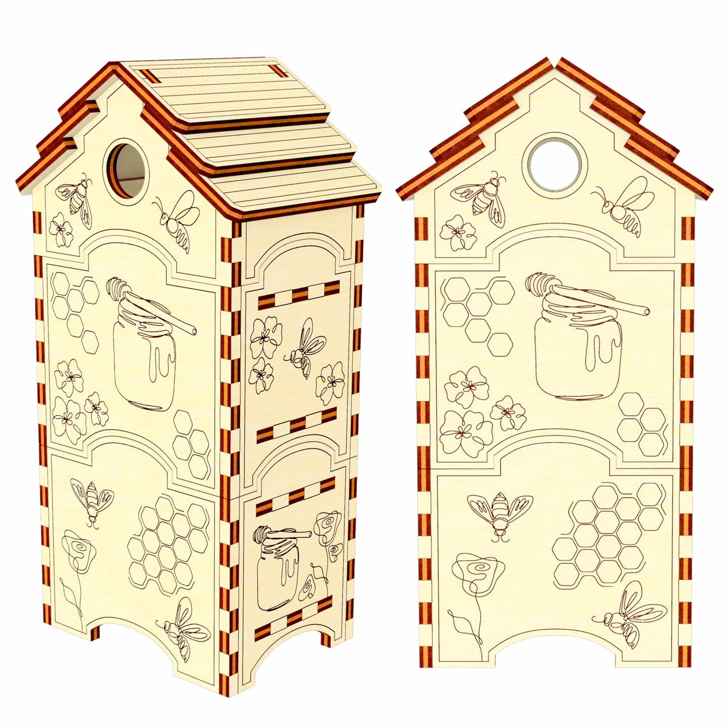 Laser Cut Honey Bee Hive Miniature - Plywood 3d model of Hive with Removable Parts and Delicate Honeycomb Details