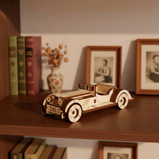 Detailed front-side view of a DIY laser cut wooden plywod vintage car. Showcases the steering wheel, bench seat, and decorative engravings on the hood. Light plywood 3D puzzle with dark accents, perfect for home decor or as a gift for collectors.