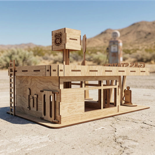Side view of a DIY retro gas station kit crafted from laser cut plywood. Shows the precise interlocking joints, 3D layered signage, and garage door details. The wooden texture provides a clean, architectural model look for hobbyists.