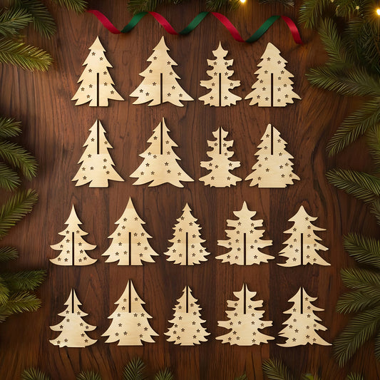 Collection of 18 delicate laser cut wooden Christmas trees featuring different silhouettes and engraved stars, perfect for holiday decor, arranged on a rustic wooden surface.