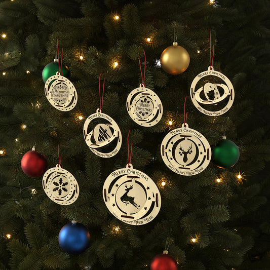 Delicate laser cut Set of 7 interactive Christmas tree ornaments with rotating holiday motifs and engraved wishes, set against a softly lit festive Christmas tree background.