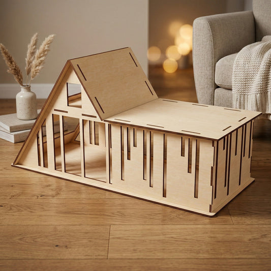 Side view of a minimalist wooden dollhouse crafted from laser cut plywood. The geometric design includes vertical slat details and open rooms for easy play. The natural birch wood finish highlights a clean, contemporary aesthetic.