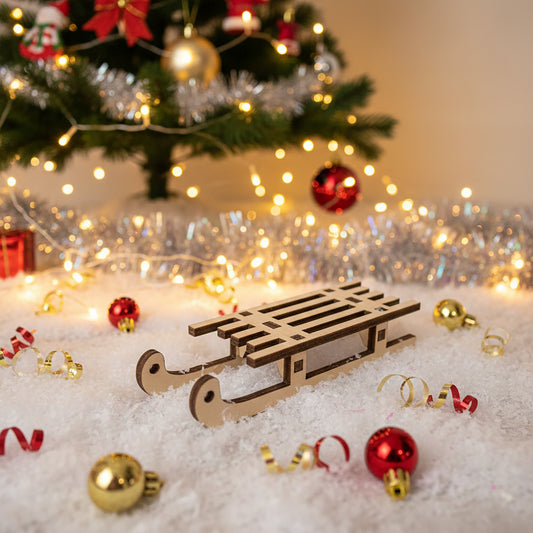 Intricate laser cut Sleigh for christmas featuring classic Santa-style design with runners and open cargo area, set against a warm blurred Christmas tree glow background.