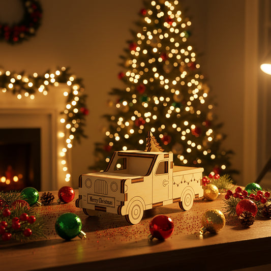 Delicate laser cut Small Christmas Truck decoration carrying a holiday tree, set against a warm festive bokeh with glowing ornaments background.