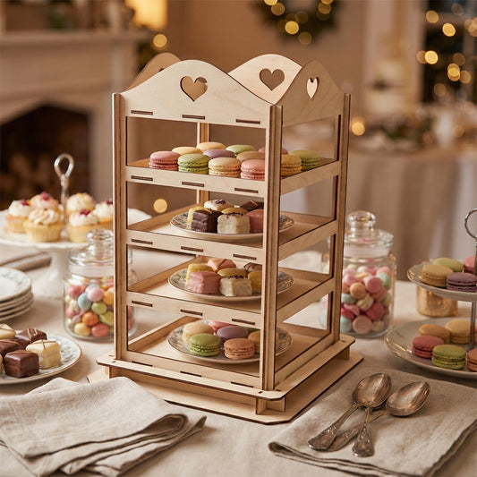laser cut plywood dessert stand filled with colorful macarons and petit fours on a festive table. The wooden tower features heart-shaped cutouts at the top. Elegant display for parties, weddings, or bakeries.