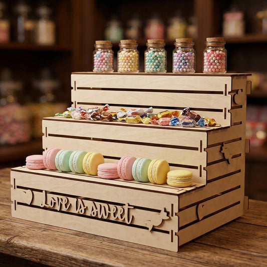 Three-tier treat display stand made of light laser cut plywood. The bottom tier features the cutout phrase "Love is sweet" with heart and candy accents. Topped with colorful macarons, wrapped candies, and five small glass jars of pastel sprinkles.