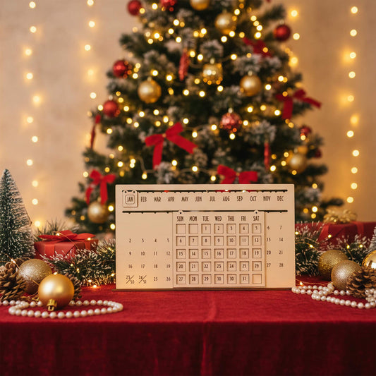Intricate laser cut The Eternal Calendar featuring adjustable wooden panels for months, dates and weekdays, set against a festive blurred Christmas tree lights background.