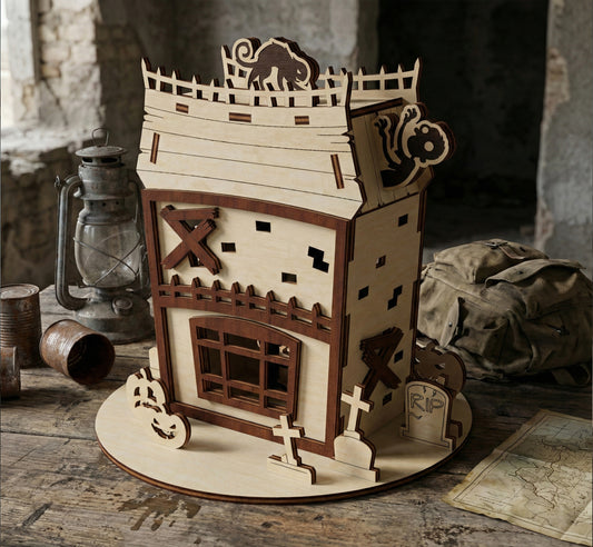 Three-quarter view of a zombie-themed house made from laser cut plywood. Details include boarded-up windows, a creepy wooden figure peeking from the roof, and a graveyard base with "RIP" tombstones on a rustic wooden table.
