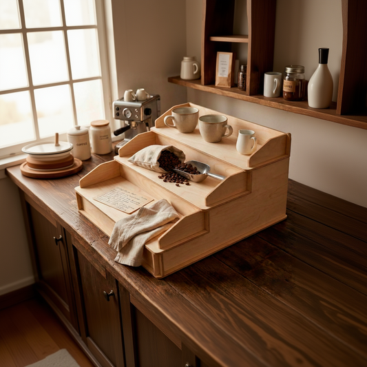 Wooden plywood 3-tier countertop organizer styled as a coffee station display. Laser cut plywood stepped shelf holding ceramic mugs, a scoop, and roasted coffee beans, set in a cozy kitchen environment with an espresso machine in the background.