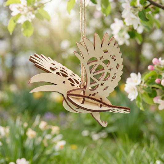 A flying toucan bird ornament made of laser cut plywood, hanging from a twine string in a blooming spring garden. The wings feature intricate geometric cutouts and stars. Soft sunlight and apple blossoms create a bright, natural backdrop.