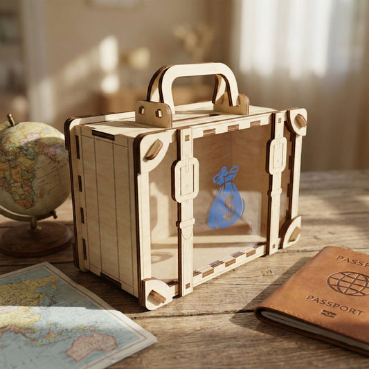 Laser cut plywood money box shaped like a vintage travel suitcase. Features a clear acrylic front window with a blue money bag icon, wooden straps with buckles, and a coin slot on top. Posed on a wooden table next to a globe and map.