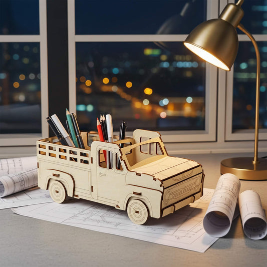 Laser cut wooden plywood pickup truck pencil holder on a desk with blueprints and rolled architectural drawings. The 3D plywood model features a slatted truck bed holding pens and pencils, with a city skyline and desk lamp in the background.