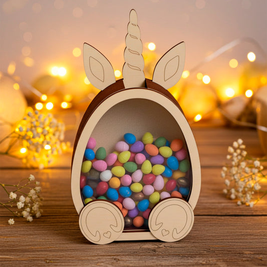 Laser cut plywood wooden unicorn coin bank or candy box, filled with colorful pastel Easter chocolate eggs, sitting on a rustic table with soft, golden fairy lights and baby's breath flowers in the warm background.