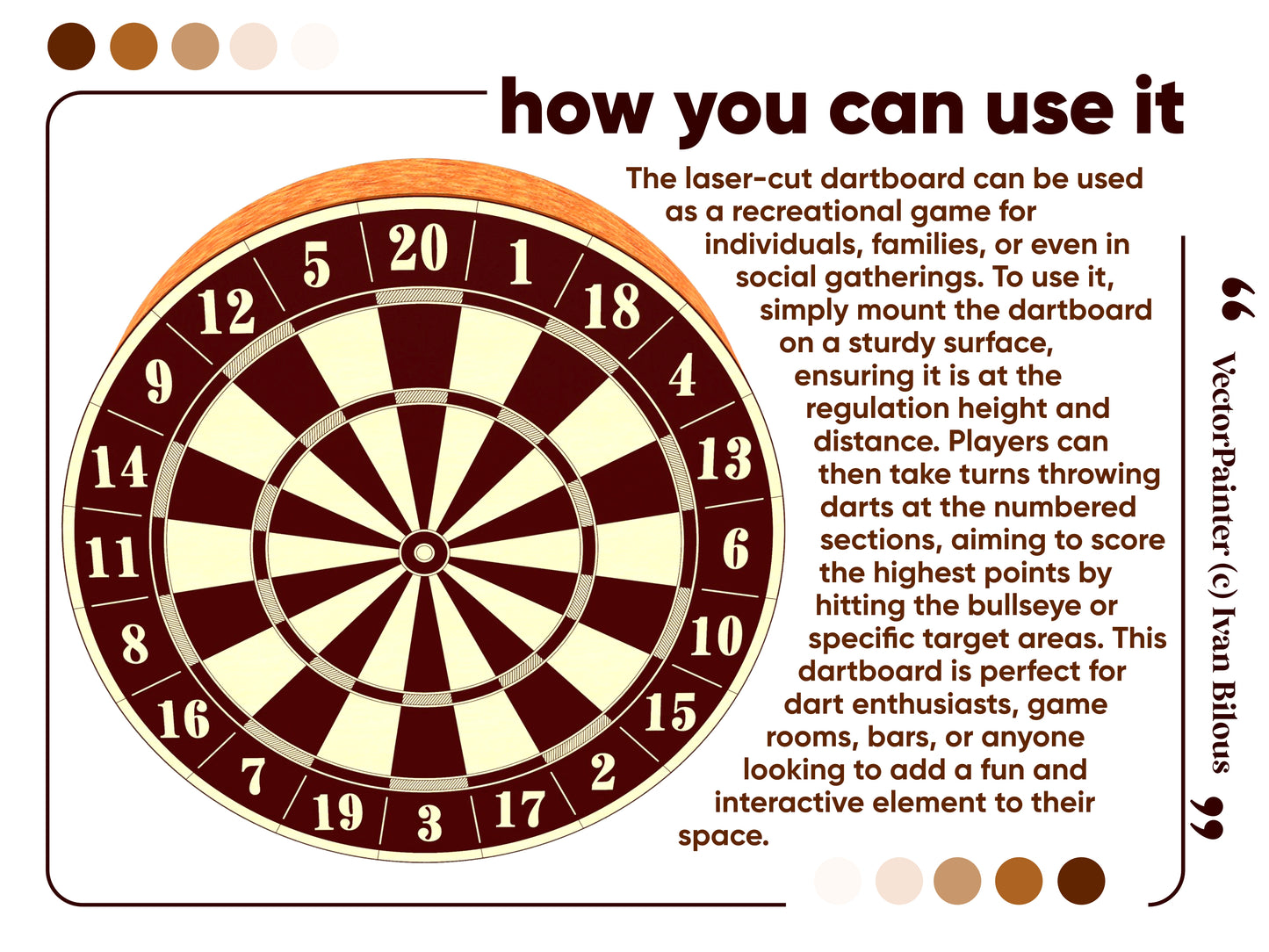 Laser cut dartboard hanging on a wall, ready for gameplay