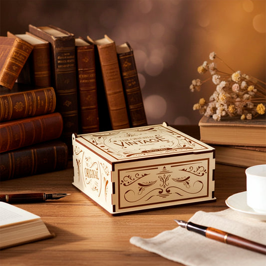 Laser cut plywood wooden keepsake box with a vintage engraved design on the lid and sides, displayed on a dark wooden desk next to stacked antique books, fountain pens, and a white teacup in warm lighting.