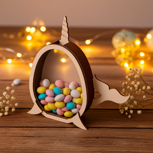 Laser cut plywood wooden whale coin bank or candy box, filled with colorful pastel Easter chocolate eggs, sitting on a rustic table with soft, golden fairy lights and baby's breath flowers in the warm background.