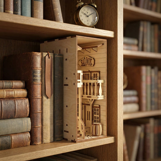 Side view of a laser cut plywood book nook on a bookshelf. The wooden box features a "SALOON" sign and detailed western architecture. An alarm clock sits on the shelf above, showing the scale of the miniature diorama.