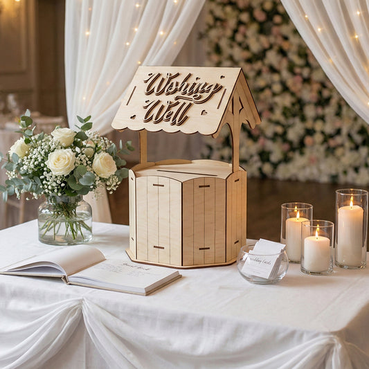 Decorative Wishing well made of laser cut plywood, positioned in a romantic event setting background with candles and flowers.
