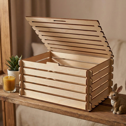 An open laser cut plywood crate showing the interior and the flexible slatted lid design. The natural wood grain is visible against a cozy room background with a small candle and a decorative rabbit sitting on a wooden surface.v