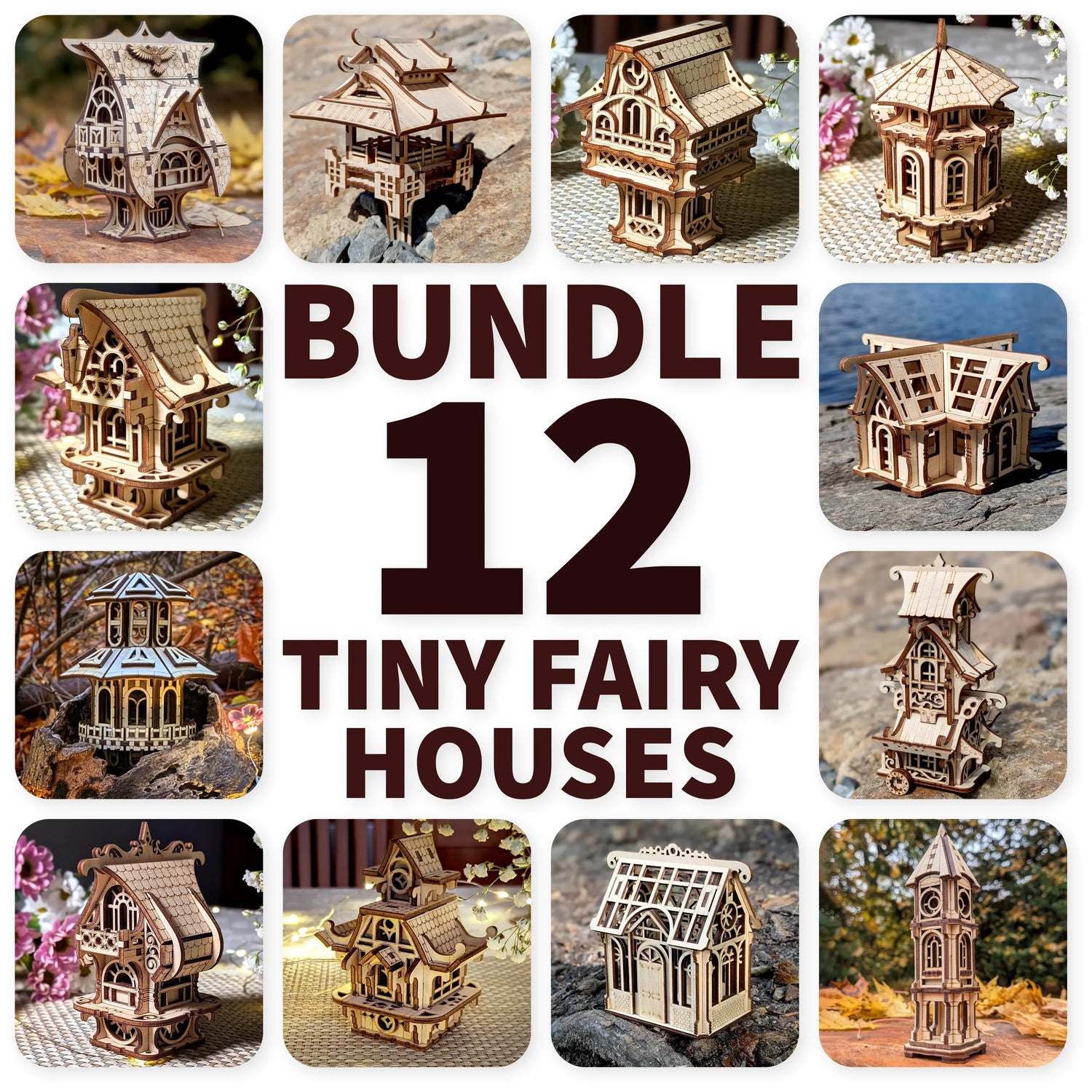 Collage of a bundle of 12 tiny fairy houses made of laser cut plywood, showing various whimsical designs and architecture.