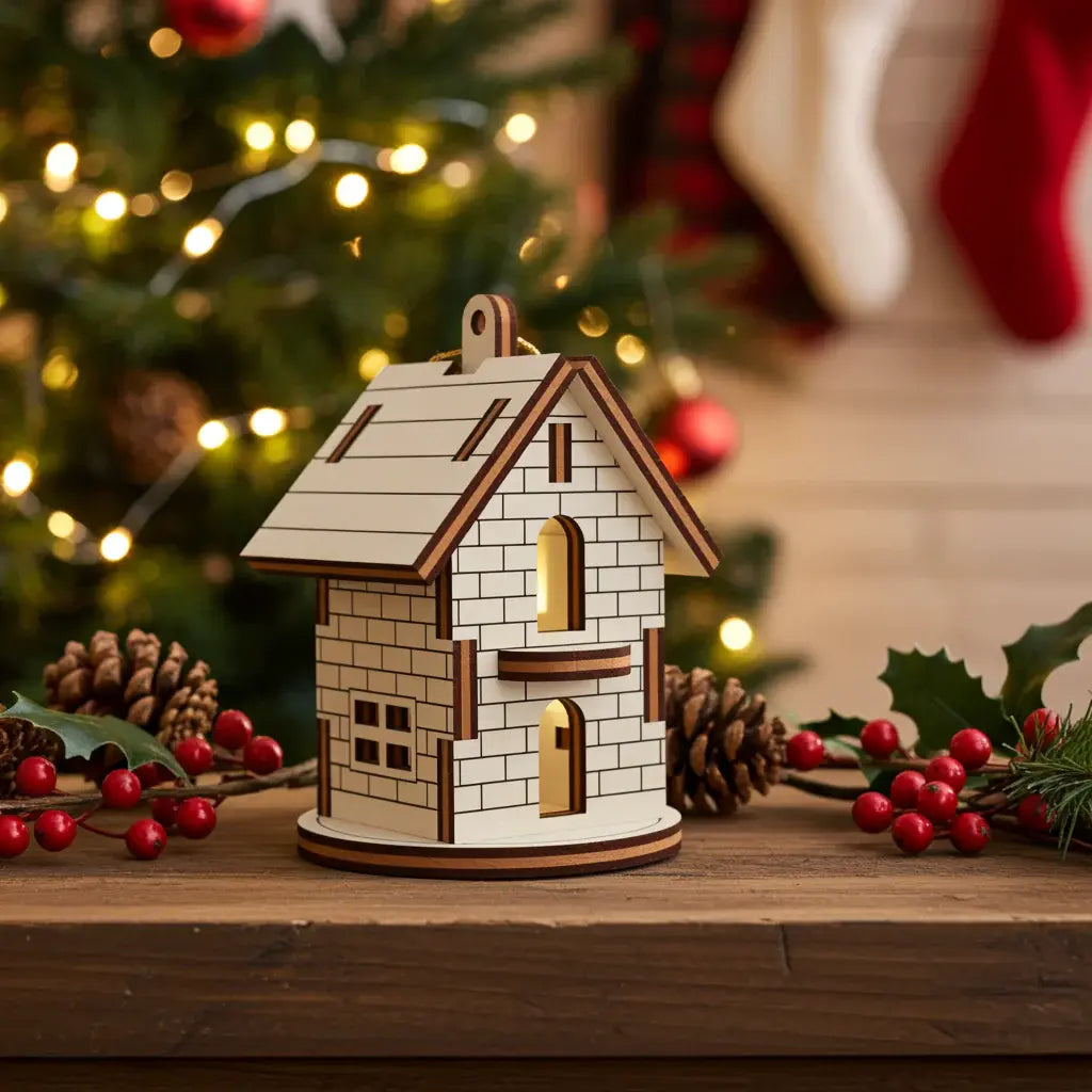Miniature house ornament made of laser cut plywood with internal light, set against a blurry Christmas tree background