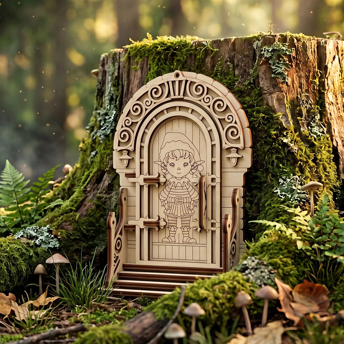 3D laser cut plywood fairy elf door with steps and engraved boy elf standing on mossy tree stump in magical woodland.