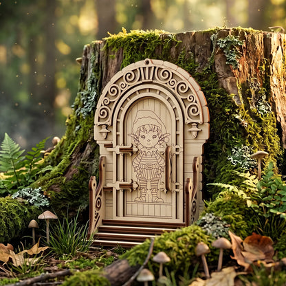 3D laser cut plywood fairy elf door with steps and engraved boy elf standing on mossy tree stump in magical woodland.