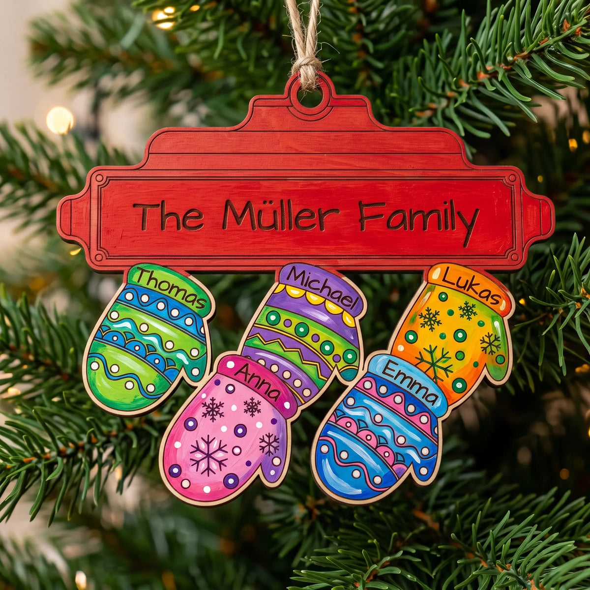 Painted laser cut plywood family mitten ornament with five colorful patterned gloves hanging on illuminated Christmas tree.